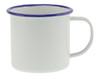 A mug with a white body and a blue rim, featuring a handle and a logo. Ideal for hot or cold beverages.