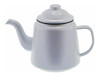 A light grey enamel teapot with a spout and a lid, featuring a handle and a logo.
