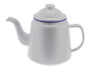 A white enamel teapot with a purple rim, featuring a spout and a lid. It has one handle and a smooth finish.