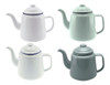 A set of four teapots in white, light green, and grey, featuring a classic design and handles. Each has a logo.