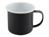 A two-tone mug in black and white with a glossy finish and a sturdy handle. It has a logo on the side.