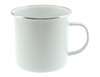 A white rimmed enamel mug with a silver trim and a handle, suitable for various beverages.