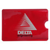 A red RFID credit card protector sleeve featuring a logo and a triangular design.
