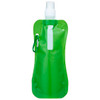 A green water pouch with a spray nozzle and a carabiner clip. It features a logo on the surface.