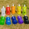 A drink bottle in a translucent blue design with a spray nozzle and a carabiner clip. Branding is visible.