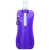 A drink bottle in a vibrant purple colour, featuring a flexible design and a carabiner clip. It has a logo.