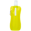 A drink bottle in bright yellow, featuring a secure cap and a carabiner clip. It has a logo on the side.