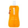 A drink bottle in a vibrant orange colour featuring a carabiner and a logo. The bottle has a flexible design.