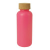 A drink bottle in bright pink with a cork lid and a simple contoured shape. It features a logo.