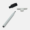 A magnetic whiteboard marker in white, with a black eraser and a white cap, set against a plain background.