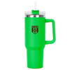 A drink bottle in vibrant green with a clear lid, straw, and a handle. It features a logo on the front.