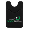 A black phone wallet featuring a curved top and a logo. The material has a textured finish.