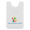 A white phone wallet with a textured surface and a logo on the front.