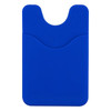 A blue silicone wallet designed to attach to a phone, featuring two pockets for cards. It has a textured surface.