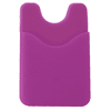 A purple wallet designed to hold a phone, featuring a slot for cards, with a logo embossed on the surface.
