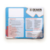 A mouse mat featuring a colourful design with important dates and contact information, branded with a logo.