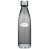 A drink bottle made of grey plastic with a sleek design and a metallic cap, featuring a logo.