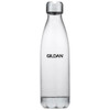 A drink bottle in clear plastic with a silver cap and a logo on the side.