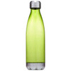 A drink bottle in a vibrant green colour with a silver cap and base, featuring a logo.
