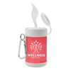 A pink antibacterial wipes canister with a white lid and a logo, featuring a convenient carrying clip.