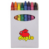 A box containing a set of multi-coloured crayons, featuring shades like orange, purple, and green, with a logo on the front.