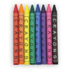 A set of eight vibrant crayon sticks in various colours, including red, orange, yellow, green, blue, purple, pink, and black.