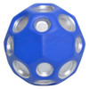 A blue and silver high bounce ball with multiple holes and a textured surface. It has a branding logo.