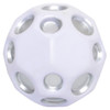 A white and silver high bounce ball with multiple holes, designed for fun and stress relief in a unique shape.