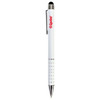 A white stylus pen with a shiny silver clip and tip, featuring a logo on its body.