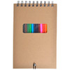 A brown spiral notebook with a transparent window displaying colourful markers inside.