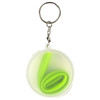 A green reusable silicone straw coiled inside a transparent case, attached to a keychain.