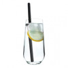 A glass of water with ice and lemon, featuring a black reusable silicone straw.