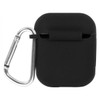 A black earbud case with a carabiner attached for easy carrying. It has a sleek, minimalist design.