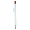 A stylus pen in white with a red top and silver accents, featuring a clip and a logo.