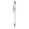 A white stylus pen with a blue tip and a silver clip, featuring a branding logo.