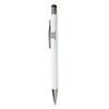 A white stylus pen with a silver tip and a black rubberised touch point, featuring a branding logo.