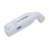 A white bottle opener shaped like a gun with a logo displayed on it.