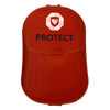 A red protective case featuring a logo on the front and a clasp closure.