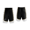 Basketball shorts in black with white and yellow accents, featuring a logo on the side.