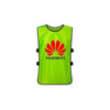 A bright green sports vest featuring a logo, designed for use in soccer and other sports activities.