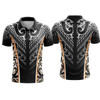 A black polo shirt featuring intricate tribal patterns in white and orange. Includes a logo on the design.