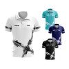 A collection of polo shirts in white, turquoise, navy, and black, each featuring abstract patterns and a logo.