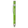 A metal pen in bright green with chrome accents, featuring a branding logo.