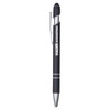 A black metal pen with silver accents and a stylus tip, featuring a logo on the barrel.