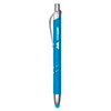A blue metal pen with a silver clip and a logo, designed for writing.