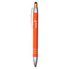 An orange metal pen with a silver clip and tip, featuring a logo on its side.