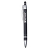 A metal pen in black with silver accents and a branded logo. Features a stylus tip on the end.