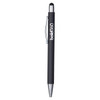 A black metal pen with a silver clip and a branding logo near the top. It features a smooth finish and a stylus tip.
