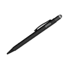 A sleek black stylus pen with a rounded tip and a clip, featuring a logo.