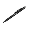 A black stylus pen featuring a smooth finish and a clip for easy attachment, with a logo on the side.